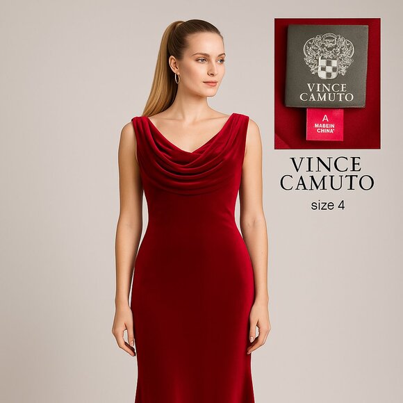 ⭐ Vince Camuto Red Velvet Draped Gown — Size 4 - Picture 2 of 10